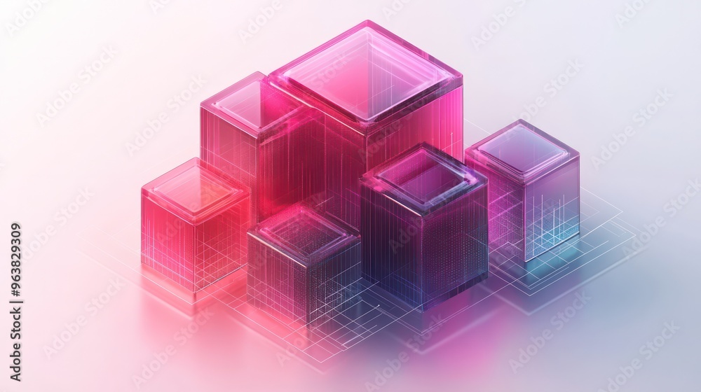 Aufkleber A row of pink cubes are arranged in a pattern. The cubes are made of glass and are arranged in a way that creates a sense of depth and dimension. Scene is one of creativity and innovation