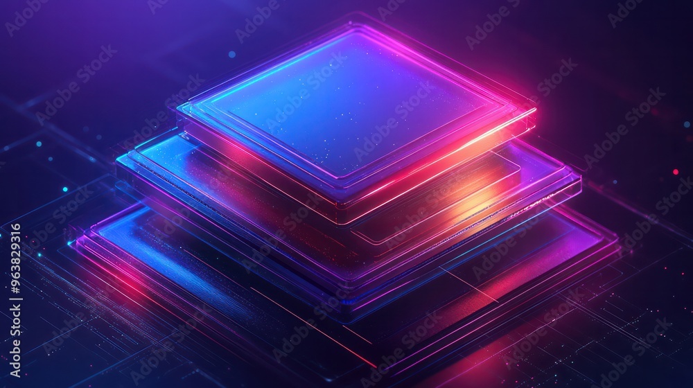 Poster A stack of computer chips with a blue background. The chips are in different colors and are arranged in a pyramid shape. The image has a futuristic and technological vibe