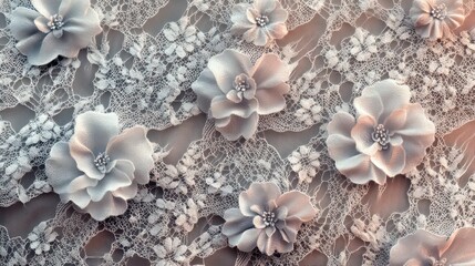Fototapeta premium A floral patterned lace fabric with white flowers. The flowers are small and delicate, and the lace is intricately woven. Scene is elegant and feminine