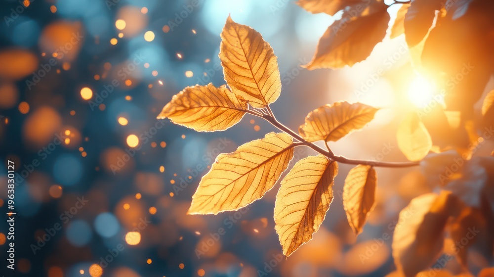 Poster A leaf is in the sun with a bright light shining on it. The light is creating a beautiful and serene atmosphere