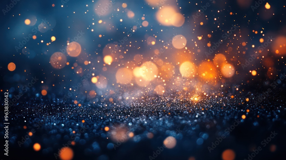 Poster a blurry image of a blue background with orange and blue sparks. the image has a dreamy, ethereal qu