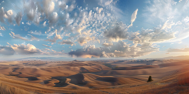 BArid Desert Landscape with Blue Sky and White Clouds
