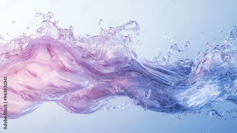 Poster a water wave with a pink and blue color. the water is flowing and splashing. the image has a calming