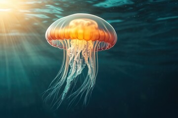 Obraz premium A mesmerizing photo of a colorful jellyfish gracefully floating in the ocean with sunlight illuminating its delicate tentacles.