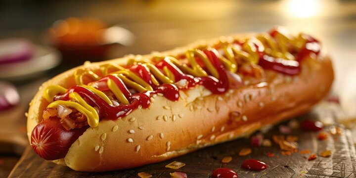 Delectable footlong sausage topped with mustard, ketchup, and onions, captured in sharp focus.