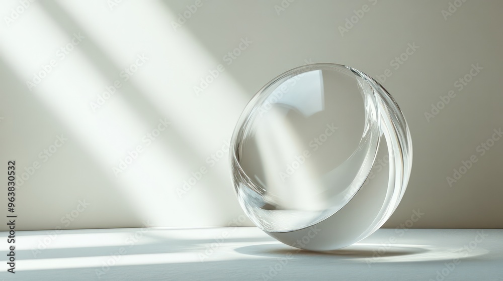 Poster a clear glass ball sits on a white surface, reflecting the sunlight. the ball's shape and the way it