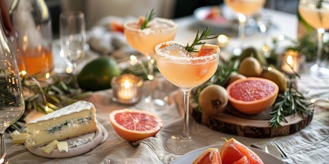 Fototapeta premium Elegant Table Arrangement with Grapefruit Rosemary Margaritas, a Cheese and Fruit Platter, and Dinnerware on a Linen Table Cover for a Cocktail Gathering