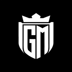 GM Letter logo shield shape inside shield badge crown on black background template design