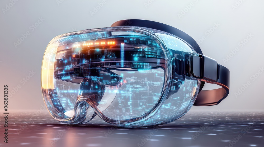 Poster a pair of virtual reality goggles with a blue and orange design. the goggles are made of clear plast