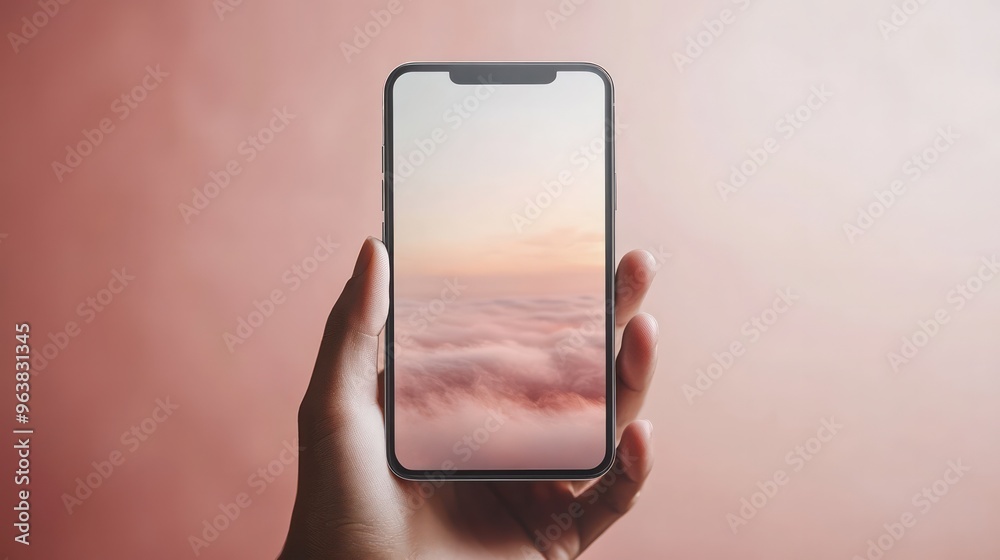 Aufkleber A person is holding a cell phone with a screen showing a cloudy sky. Concept of calmness and tranquility, as the clouds seem to be floating peacefully in the sky