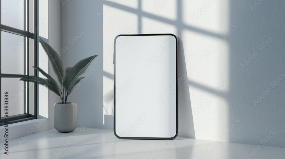 Aufkleber a white frame is sitting in front of a window with a plant