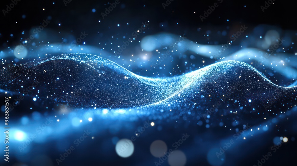 Poster a blue wave with a lot of sparkles in it. the sparkles are scattered all over the wave, giving it a 