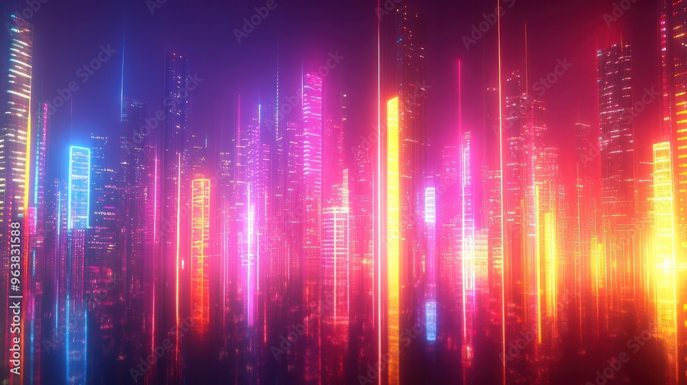 Poster a cityscape with neon lights and buildings in a bright, colorful array. scene is energetic and vibra