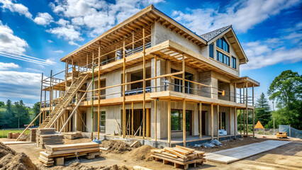 Construction site with partially built house, wooden scaffolding, and blue sky Home under construction, materials on site, bright blue sky, residential setting.