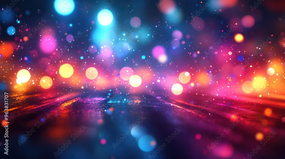Poster a colorful, blurry image of lights and snowflakes. the image is a representation of a city at night,