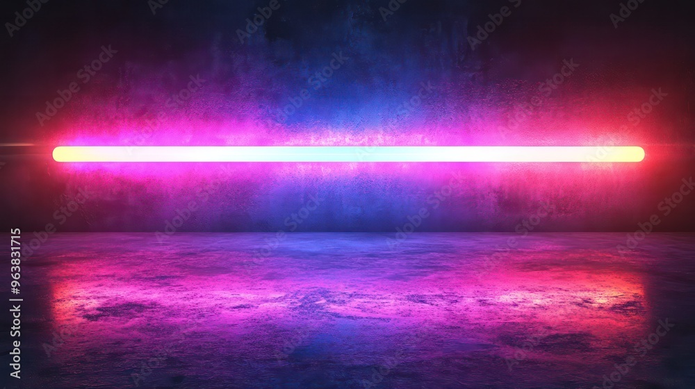 Poster a long, thin, purple and red light is projected on a wall. the light is glowing and creating a vibra