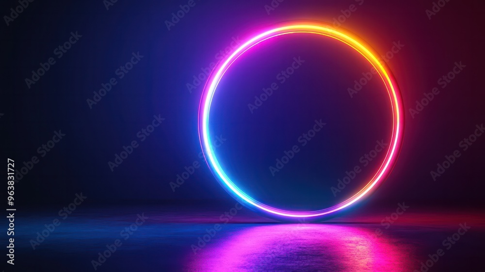 Poster a neon colored circle is lit up in a dark room. the circle is surrounded by a blue background