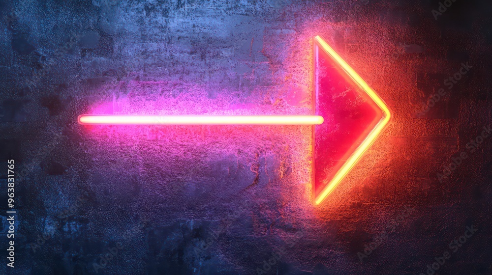 Poster a neon arrow pointing to the right. the arrow is red and yellow. the background is blue
