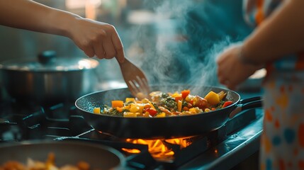9. A person cooking a meal, focused expression