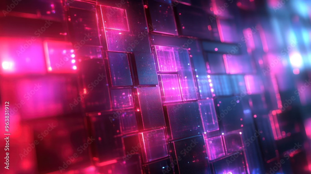 Fototapete A colorful, abstract background with a lot of squares and rectangles. The squares are in different colors and sizes, and the background is mostly red and purple. The image has a futuristic