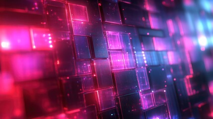 A colorful, abstract background with a lot of squares and rectangles. The squares are in different colors and sizes, and the background is mostly red and purple. The image has a futuristic