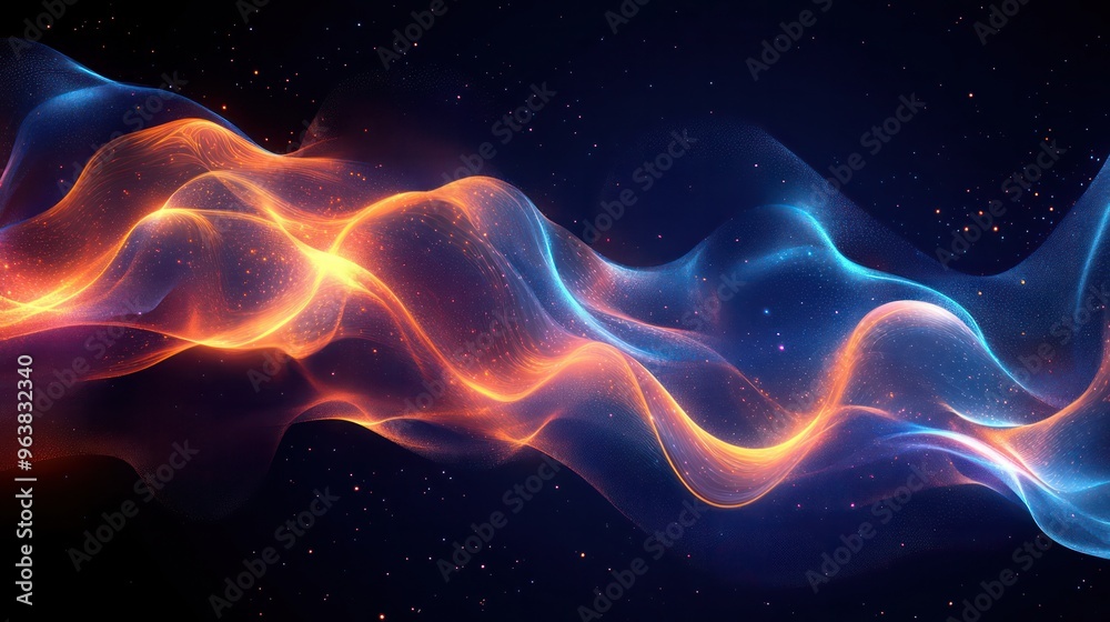 Poster a long, colorful wave of light with orange and blue streaks. the image is of a space-like environmen
