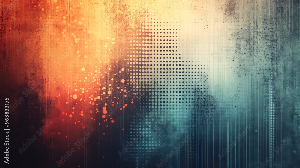 Poster A colorful abstract painting with a blue and red background. The painting is full of dots and splatters, giving it a chaotic and energetic feel. The colors and patterns create a sense of movement
