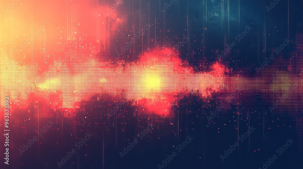 Poster A colorful, abstract image with a red line that appears to be a wave. The image has a futuristic, electronic feel to it
