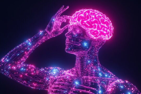 Optogenetics gamma waves and neurofeedback loops neon pink glowing brain and circuitry representing neural activity and cognitive processes in digital space
