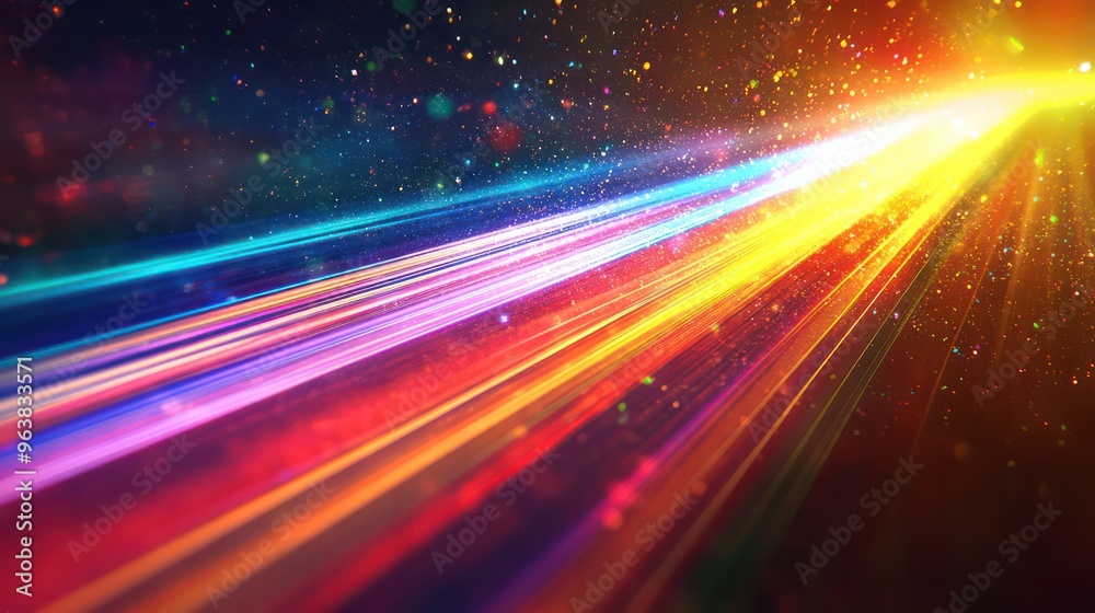 Poster a colorful light with a rainbow stripe is shining through a dark background. the light is bright and