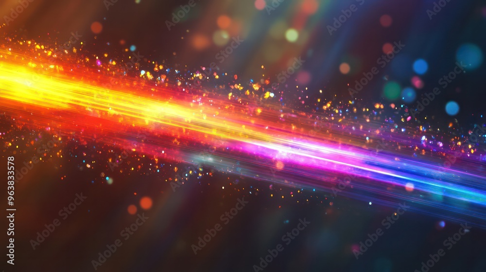 Poster A colorful line of sparkles in the air. The colors are bright and vibrant, creating a sense of energy and excitement. The image is abstract and dynamic, with the sparkles moving