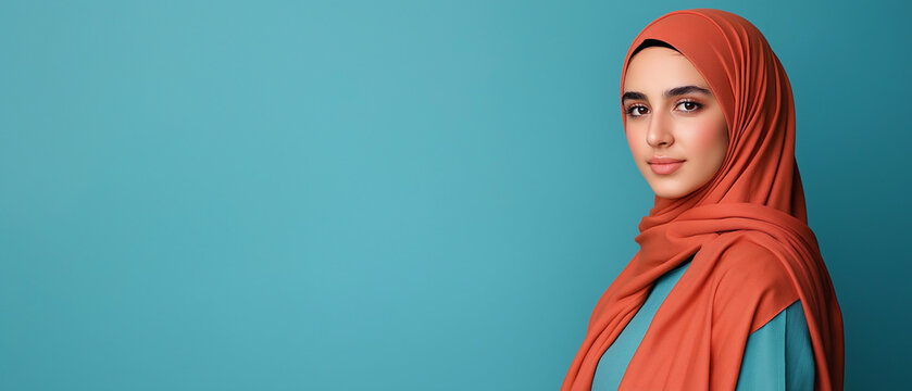 islamic banner, woman wearing hijab, portrait, light blue background, ramadan and eid concept