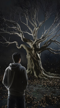 A 3D render of a young man named Ramesh approaching a haunted tree at night generated by AI