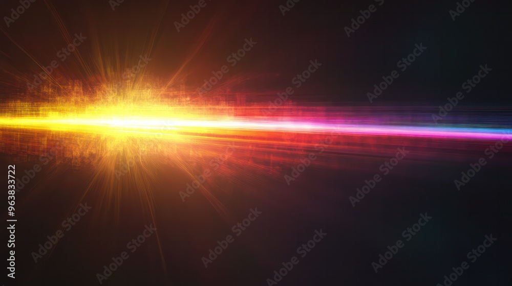 Poster A bright yellow light is shining on a dark background. The light is creating a colorful, dynamic effect