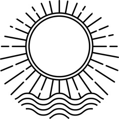 A vintage-style minimalist logo featuring the sun, rays, ocean waves, leaves, and mountains. This nature-inspired design reflects harmony between earth, water, and sky, evoking tranquility