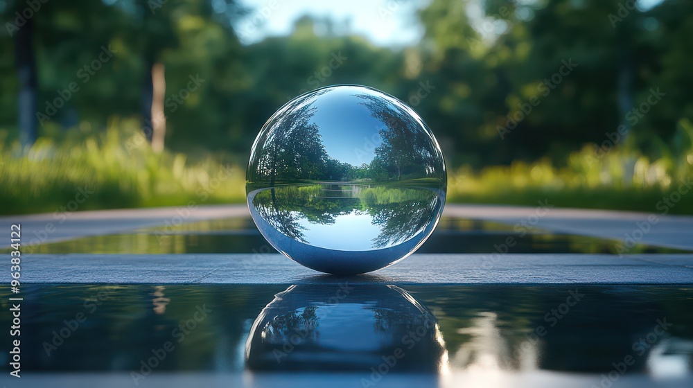Poster a large, shiny, silver ball is floating on the surface of a body of water. the reflection of the bal