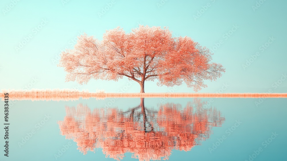 Poster a tree with pink leaves is reflected in the water. the image has a serene and peaceful mood, with th