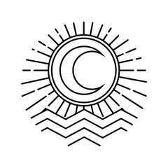 A minimalist vintage outline logo featuring sun, rays, ocean waves, mountains, and leaves. This nature-inspired design celebrates the connection between earth, sea, and sky, symbolizing serenity