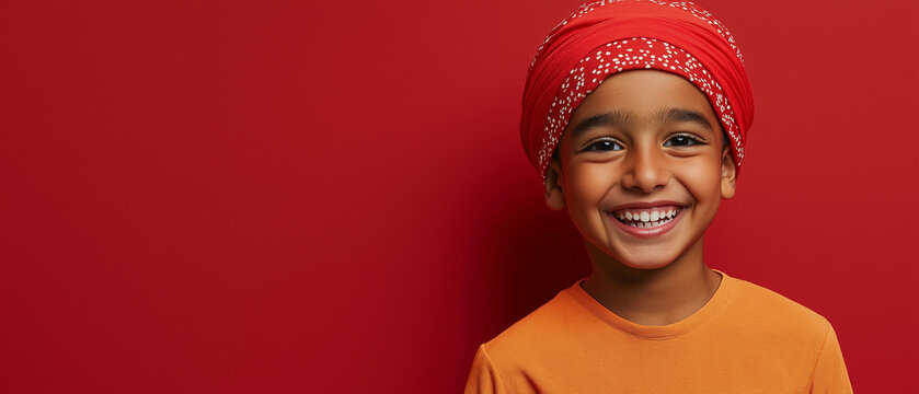 portrait of a young asian boy, red background, ample space for text, banner concept