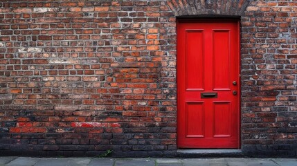 A bold red door set in a textured bricked wall, creating an elegant contrast in this architectural scene.