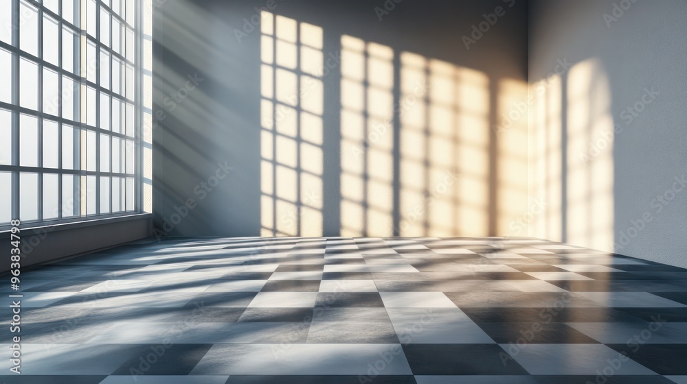 Aufkleber A room with a large window that is letting in sunlight. The room is empty and has a checkered floor
