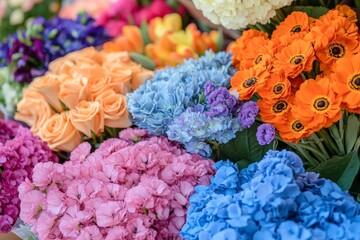 A flower market brimming with vibrant, colorful bouquets. The photo features a variety of flowers arranged in neat bunches, with eye-catching shades of orange, blue, and violet. 