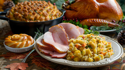 Turkey & ham thanksgiving themed meal, food photography