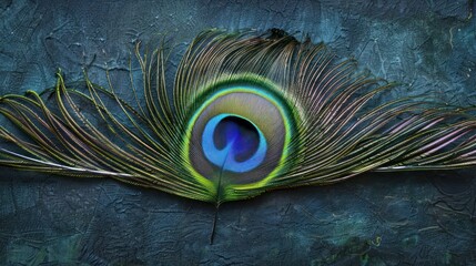 A single peacock feather with iridescent blue, green, and brown eyespots on a textured blue background.