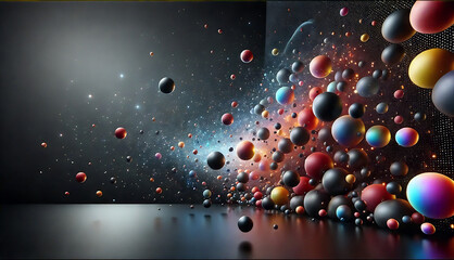 abstract representation of a micro-universe inside a computer, where colorful spheres or particles emerge from the dark space, creating a sense of depth and dynamic flow...