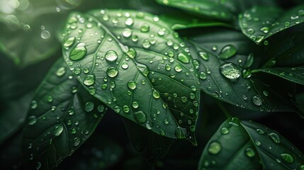 Close-up of green leaves with water droplets.