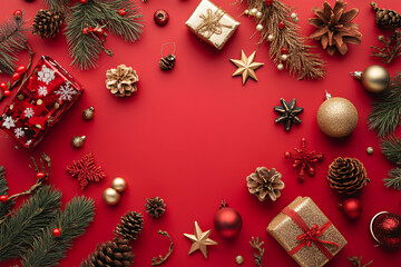 Christmas decorations arranged around a red background with copy space in the middle.