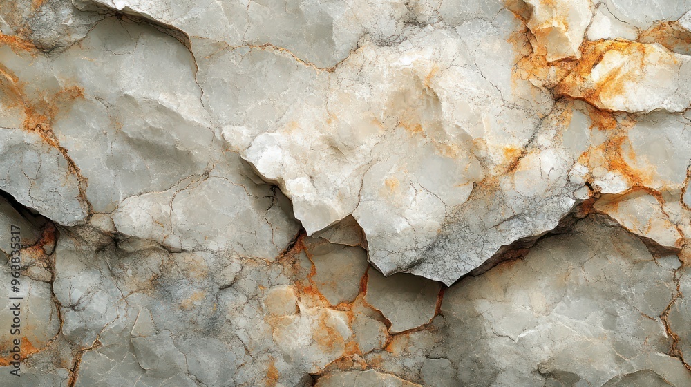 Poster a rock with a lot of cracks and a few pieces missing. the rock is white and has some orange spots on