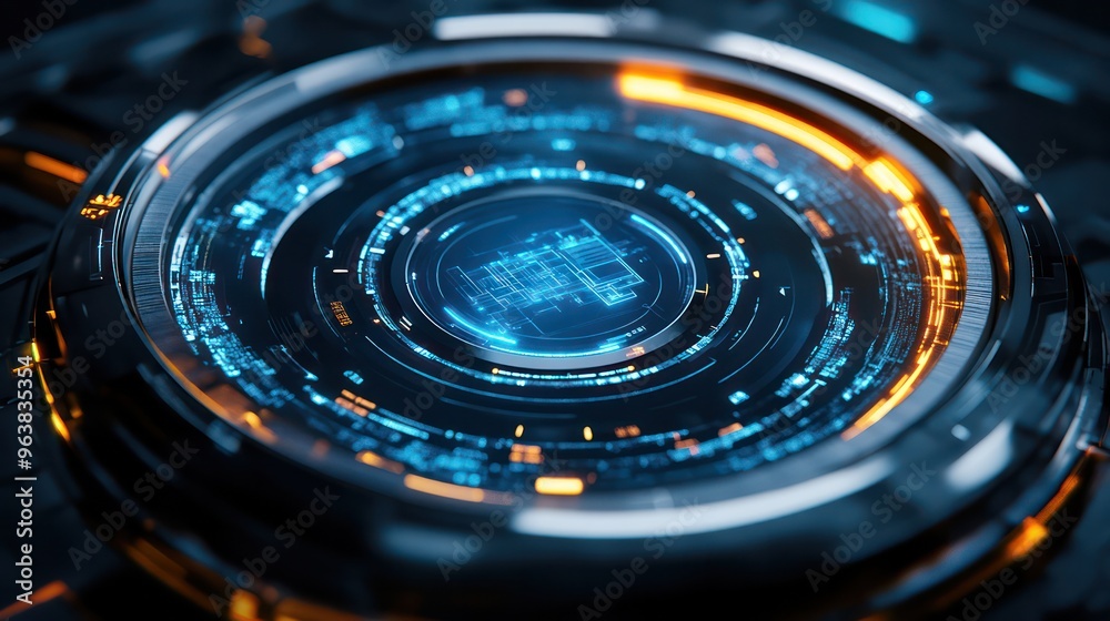 Poster a blue and orange circle with a blue center and orange border. the circle is made up of many small s