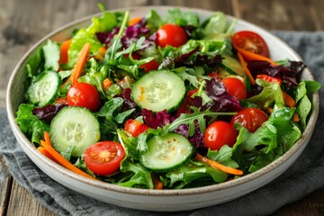 A fresh salad featuring a variety of mixed greens and colorful vegetables. The salad includes crisp lettuce, baby spinach, and arugula, combined with cherry tomatoes, cucumber slices